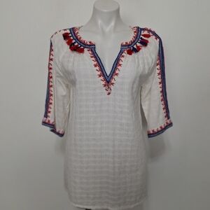 South Main White Embroidered 3/4 Sleeve V-Neck Bohemian Coastal Tunic Top Size S